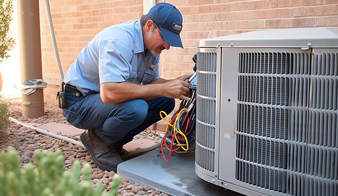 MrCool Cleburne professional repairing an outdoor AC condenser unit