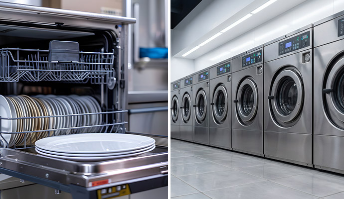 Collage of a dishwasher and washing machines