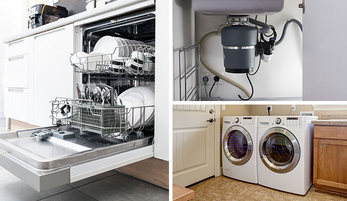 Collage of dishwasher, garbage disposal, and washing machine