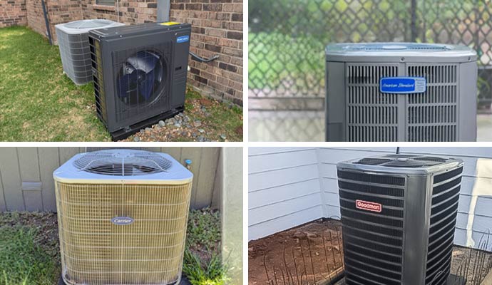Collage of MrCool, American Standard, Carrier and Goodman air conditioner outdoor unit