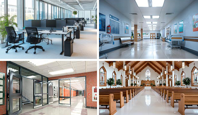 Collage of office, hospital, school, and church