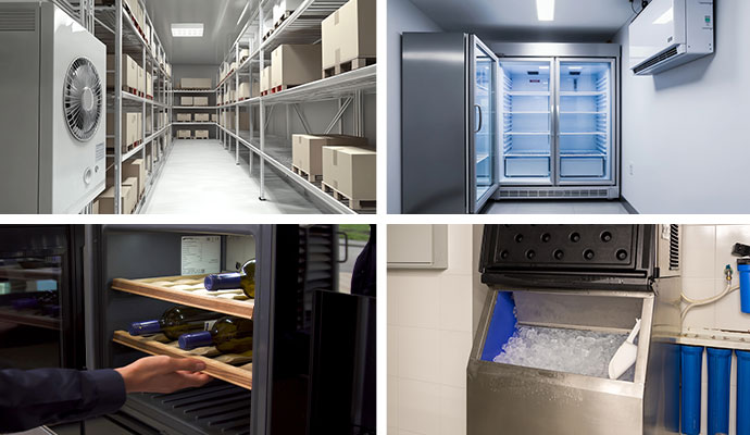 Collage of walk-in coolers, wine cases, line coolers, and ice machines