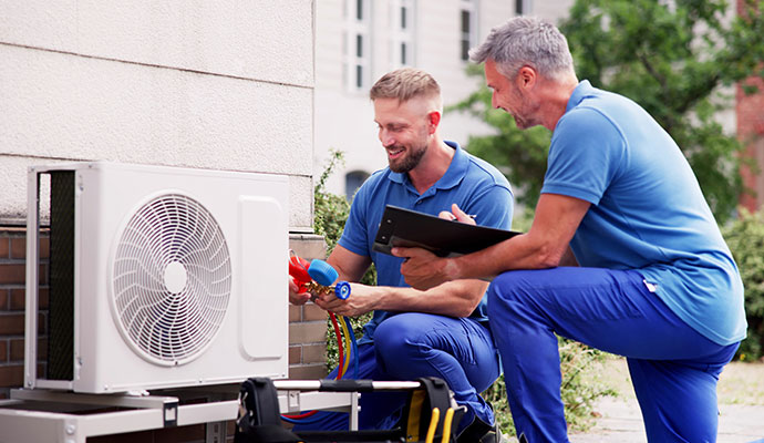 Couple of technician installing outdoor AC