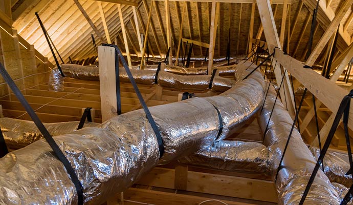 Insulated flex ducts routed through an unfinished wooden attic structure