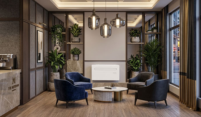 Hotel lobby with packaged terminal HVAC system