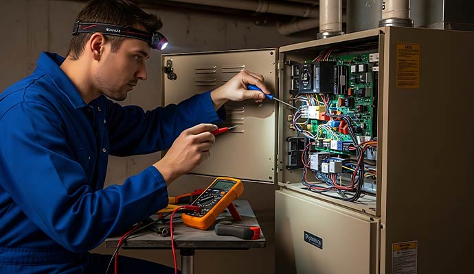 HVAC technician testing furnace control board