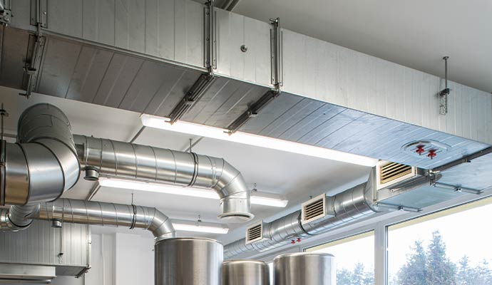 Industrial HVAC ventilation system on ceiling