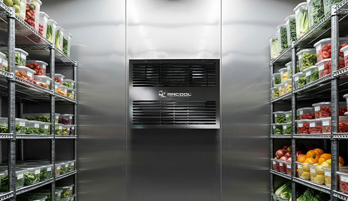 Commercial walk in refrigerator storing fresh produce