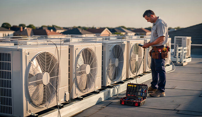 Technician checking rooftop AC units
