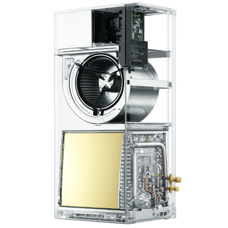 A 3D illustration of an indoor HVAC air handler unit featuring a transparent outer casing.