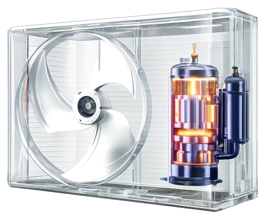 A 3D illustration of an HVAC outdoor condenser unit featuring a clear, transparent casing.